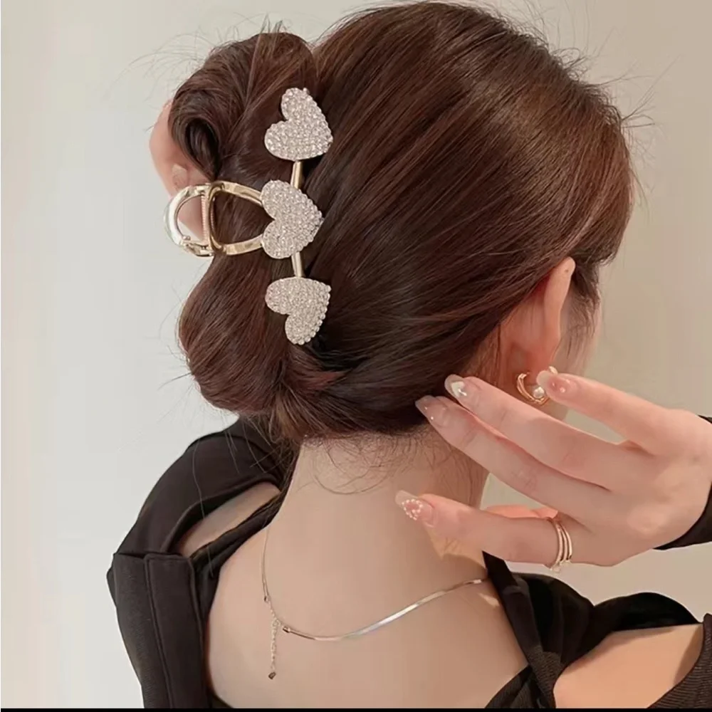 Gold Pearl & Silver Heart Rhinestone Hair Clips